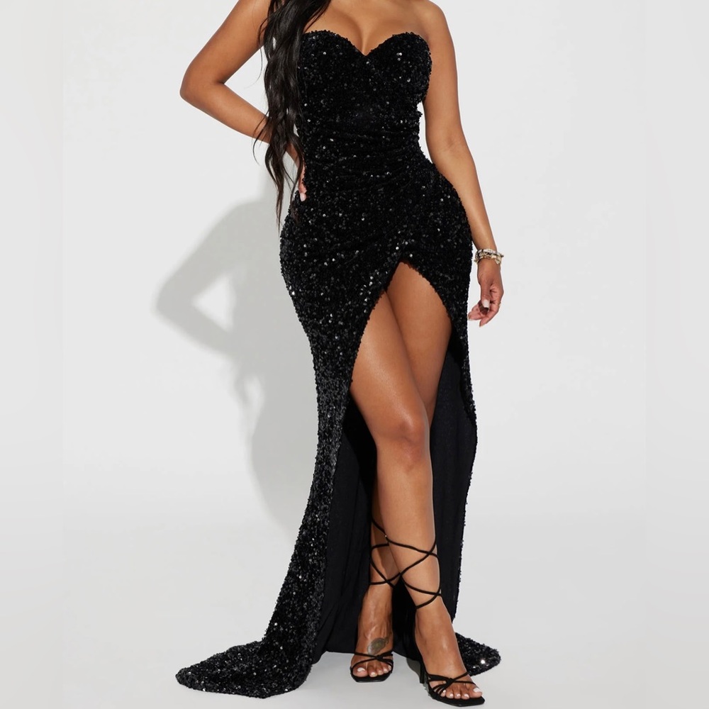 Black sequin maxi formal high split dress.